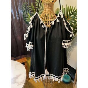 Plus Size Off Shoulder Boho Tassel Blouse Black White Trim 2X oversize